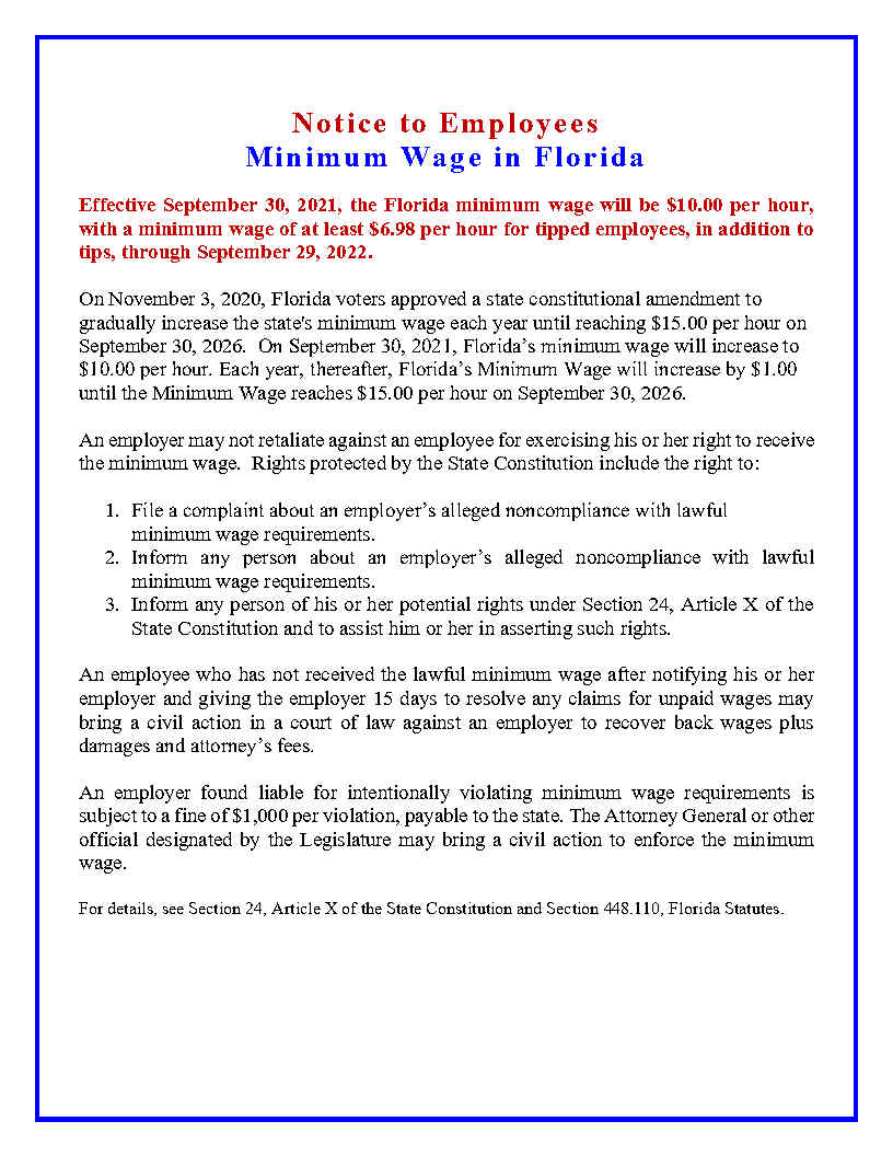 Notice to Employees - Minimum Wage in Florida